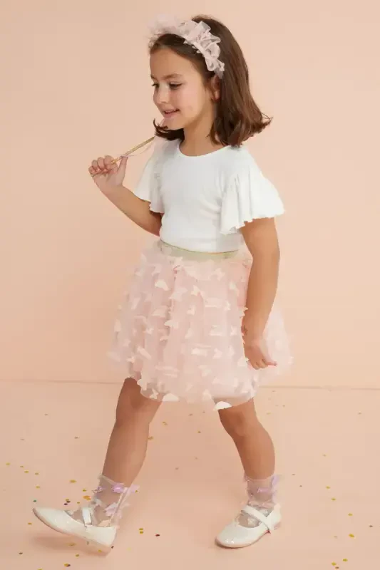 Pauline - Girl's Tulle Skirt with Salmon Butterfly Applique - 1