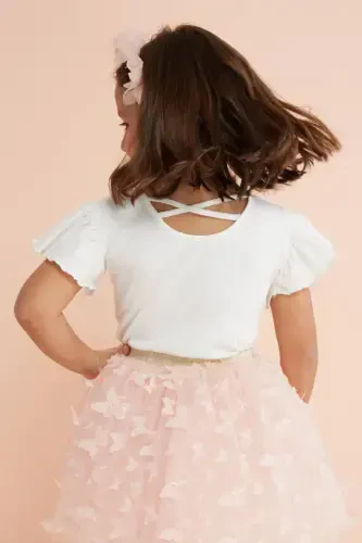 Pauline - Girl's Tulle Skirt with Salmon Butterfly Applique - LE MABELLE (1)
