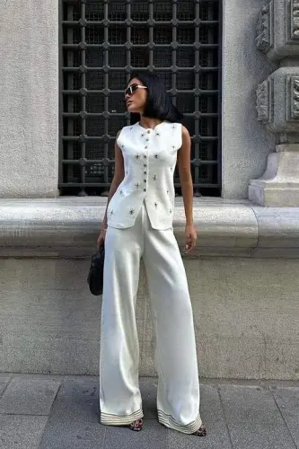 Paulo Gold Buttoned Vest Pants Suit 9976 - 3