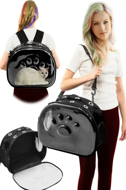 Paw Print Cat Dog Back Shoulder Arm Portable Pet Carrier Bag Black-Black - 1