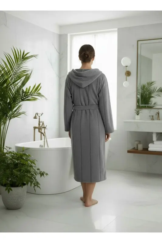Paxta baxmal kapüşonli unisex antrasit xalat-An - 4