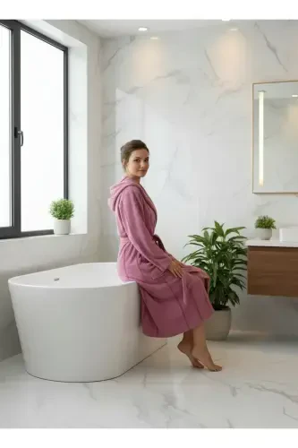 Paxta baxmal kapüşonli unisex to‘q binafsha xalat-to‘q binafsha - 4