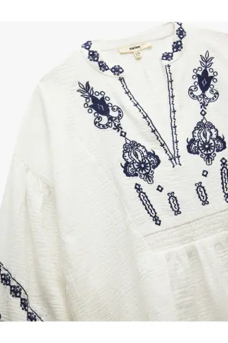 Paxta etnik naqshli kashtali mandarin yoqali 3/4 Ba - 5