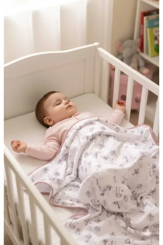 Paxta Ikki Qavatli Penye Qiz-O'g'il Bolalik -chaqaloq Kundak Adyol OQ / FLAMINGO - 1