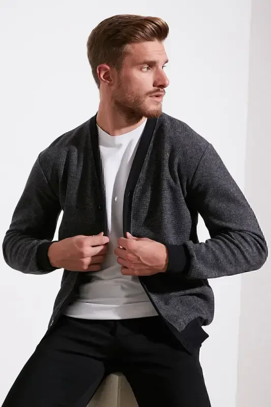 Paxta Regular Fit Tugmali V Yoqali Kardigan Erkaklar Kardigani 456205-GRİ - 1