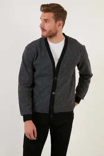 Paxta Regular Fit Tugmali V Yoqali Kardigan Erkaklar Kardigani 456205-GRİ - 5