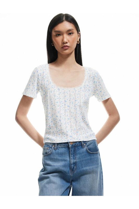 Paxta Slim Fit Ribanalı U Yaka Qisqa Yengli Gull - KOTON