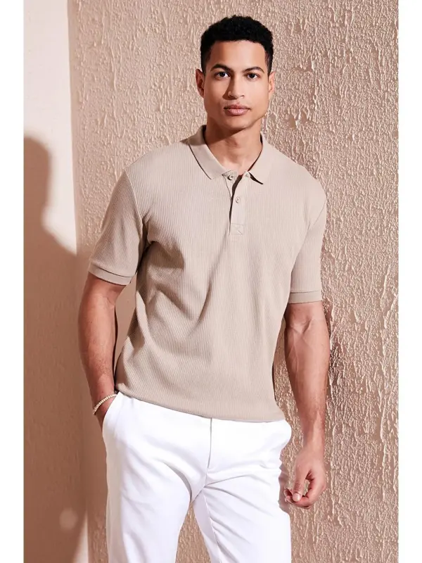 Paxta Slim Fit tugmachali polo ko'ylak 5902281-Bej - 1