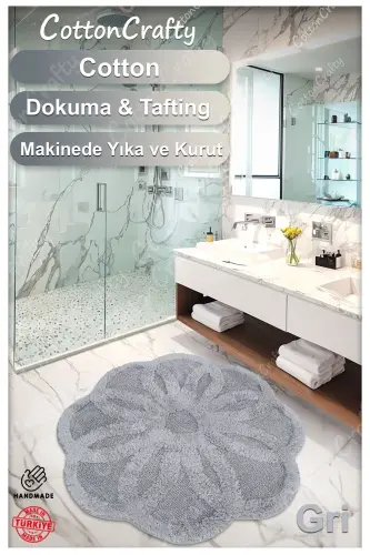 Paxta Tafting Suv Shimuvchi Hammom Gilami, Hammom Gilami Lotus 120 X 120 Sm Kulrang-Kulrang - 3