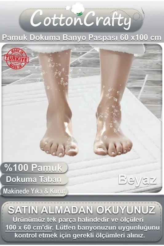 Paxta To‘qima Suv Shimuvchi Vanna Gilamchasi, Vanna Gilami Vera 60x100 Sm OQ - OQ - 3