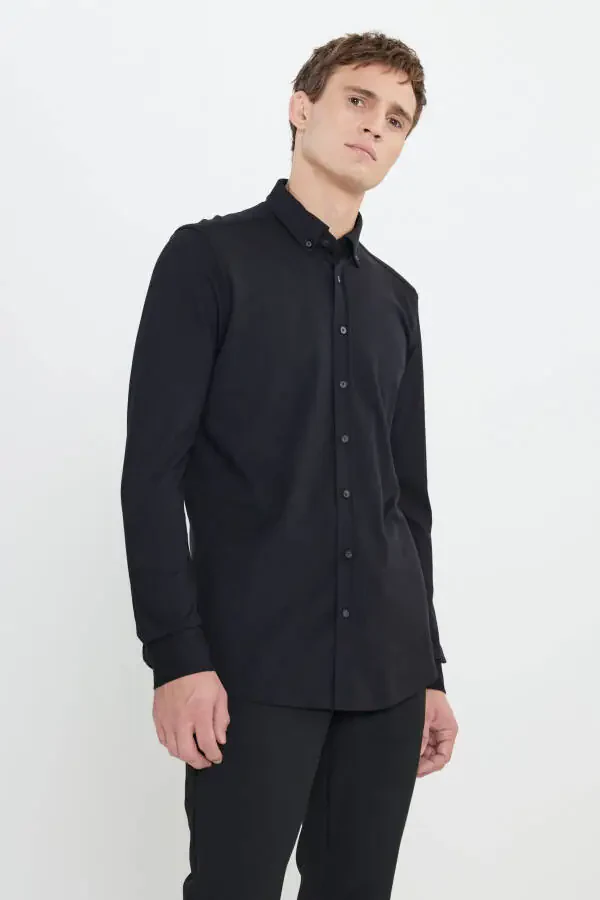 Paxta trikotaj Slim Fit tor ko'krak tugmachali ochiq ko'k ko'ylak - 3