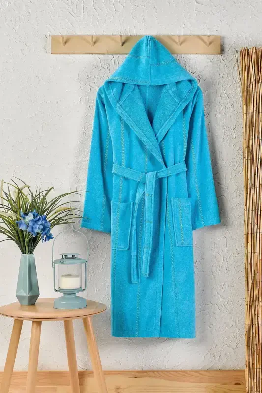 Paxta Velvet Kapüşonli Unisex Xalat - Firuza - 1