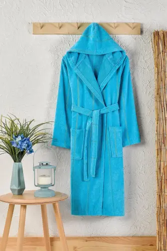 Paxta Velvet Kapüşonli Unisex Xalat - Firuza 