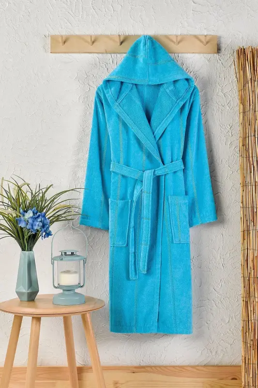 Paxta Velvet Kapüşonli Unisex Xalat - Firuza - 1