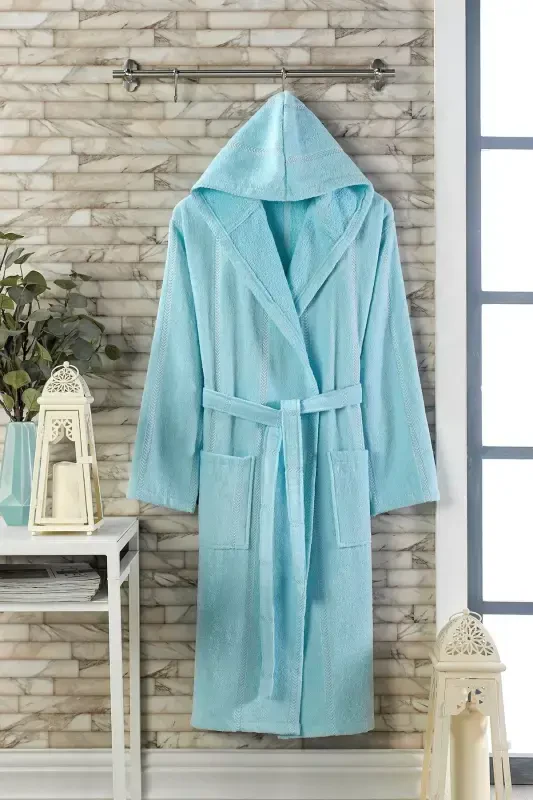 Paxta Velvet Kapüşonli Unisex Xalat - Mint - SEDONA