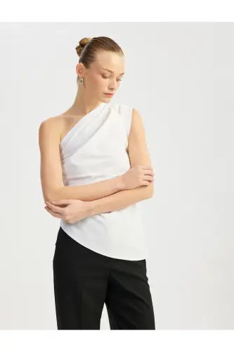 Paxtali Drape Detalli Asimmetrik Yelkali Bluz - 1