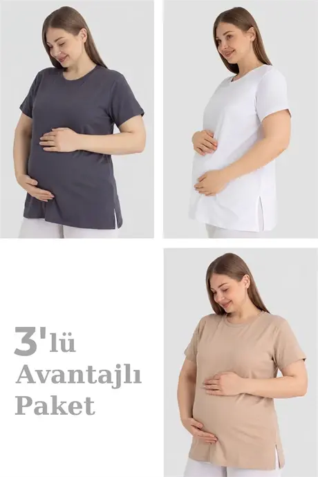 Paxtali Kalta Yengli Homiladorlar Uchun Tishort 3 tasi – Yumshoq va Qulay Homiladorlar Kiyimi - BÜYÜKBEDENIZ