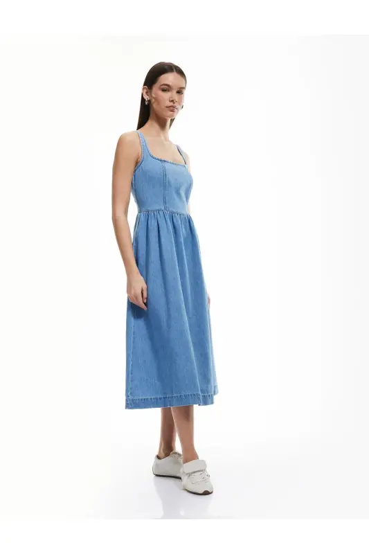 Paxtali qalin bog'ichli fermuarli kvadrat yoqali denim midi ko'ylak - KOTON