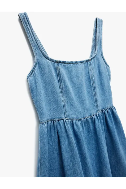 Paxtali qalin bog'ichli fermuarli kvadrat yoqali denim midi ko'ylak - 5
