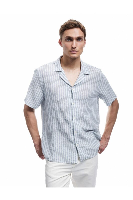 Paxtali Regular Fit Qisqa Yengli Ko'ylak Yoqali Chiziqli - 1