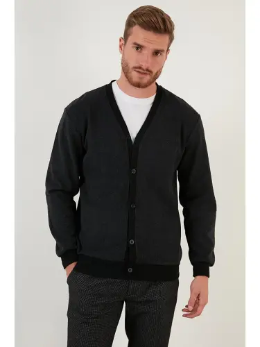 Paxtali Regular Fit Tugmali V Yoqali Kardigan 456205-Antratsit - 4