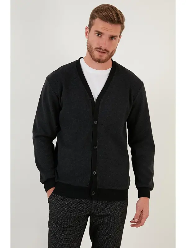 Paxtali Regular Fit Tugmali V Yoqali Kardigan 456205-Antratsit - 4