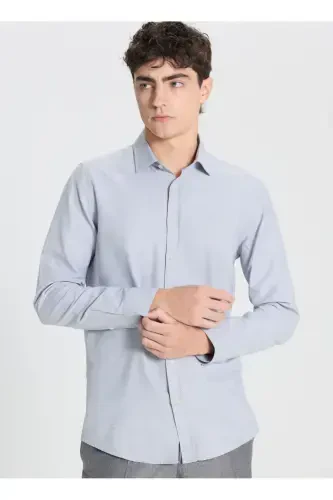 Paxtali Slim Fit Tor Ko'rinishli Klassik Yoqali Armürli Ko'ylak - 3