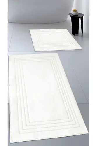 Paxtali To'qima Suv Yutuvchi Vanna Gilamchasi To'plami, Vanna Gilami Vera 2 Li To'plam 60x100 - 60x50 KREM - Krem 
