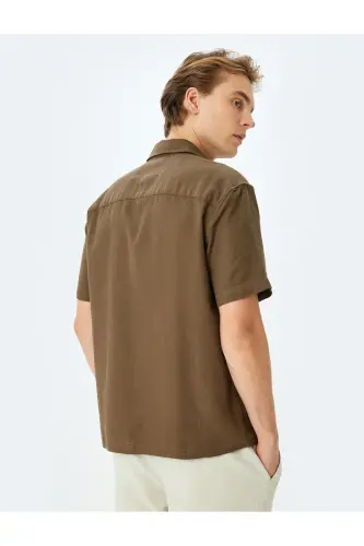 Paxtali tugmali regular fit qisqa yengli ko'ylak - Haki - 4