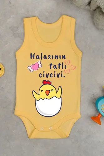 Paxtali xolasining shirin jo'jasi bosilgan chitirli body kombinezon-sariq 