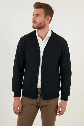 Paxtalik Regular Fit Tugmali V Yoqali Kardigan Erkaklar Kardigan 456205-LACIVERT - 4