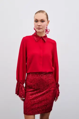 Payet detalli ko'ylak - Qizil-Qizil - SATEEN (1)