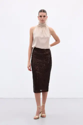 Payet Detaylı Kalem Etek - Kahve-Kahve - 2