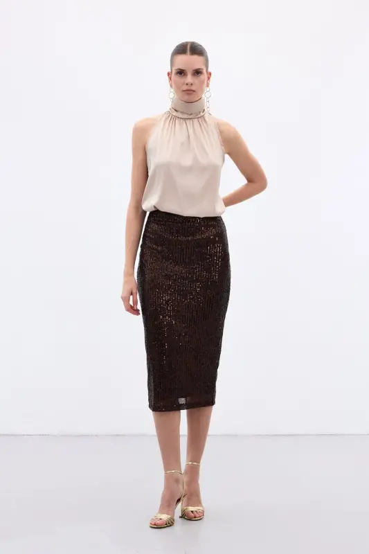 Payet Detaylı Kalem Etek - Kahve-Kahve - 2