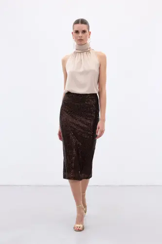 Payet Detaylı Kalem Etek - Kahve-Kahve - 4