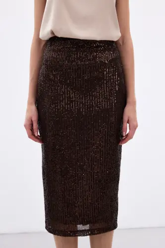 Payet Detaylı Kalem Etek - Kahve-Kahve - 5