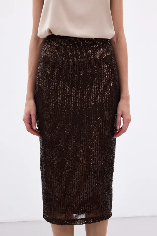 Payet Detaylı Kalem Etek - Kahve-Kahve - 5