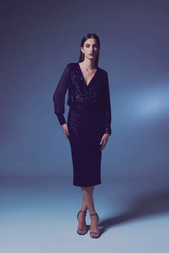 Payet Detaylı Kalem Etek - Lacivert-LACİVERT - SATEEN (1)