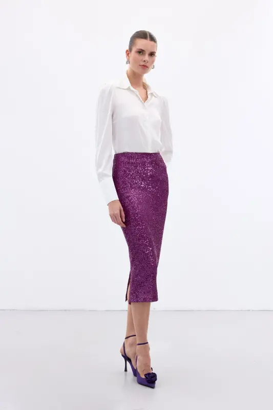 Payet Detaylı Kalem Etek - Mürdüm-Mürdüm - 4