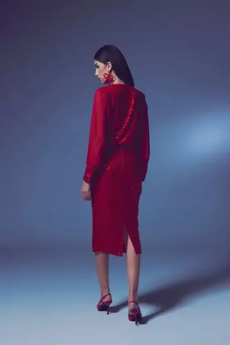 Payet Detayli Qalam Yubka - Qizil-QIZIL - 6