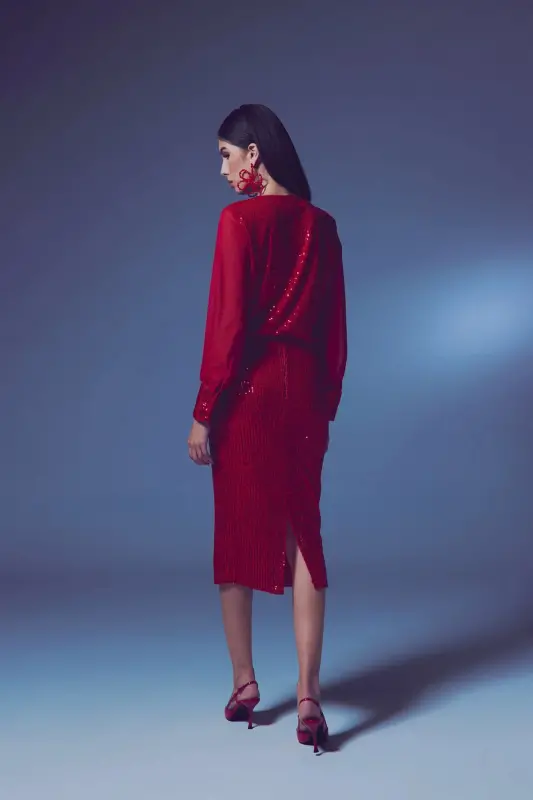 Payet Detayli Qalam Yubka - Qizil-QIZIL - 6