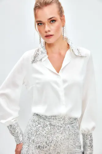 Payet Detaylı Saten Gömlek - Ekru-EKRU - 5