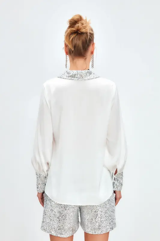 Payet Detaylı Saten Gömlek - Ekru-EKRU - 6