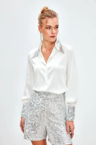 Payet Detaylı Saten Gömlek - Ekru-EKRU 