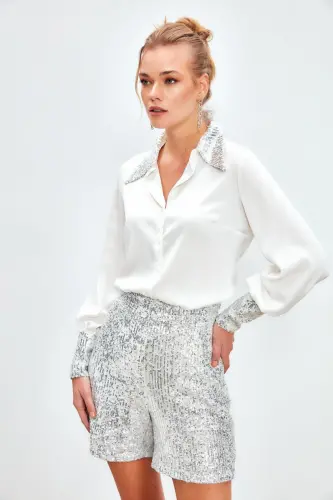 Payet Detaylı Saten Gömlek - Ekru-EKRU - 2