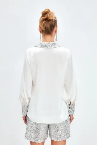 Payet Detaylı Saten Gömlek - Ekru-EKRU - 6