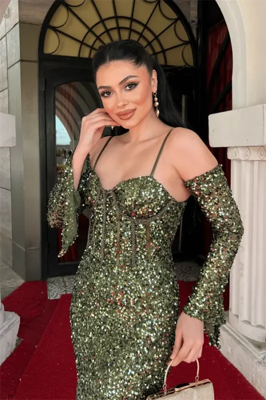 Payet Kumaş Balenli Abiye Elbise - HAKİ YEŞİLİ - 2