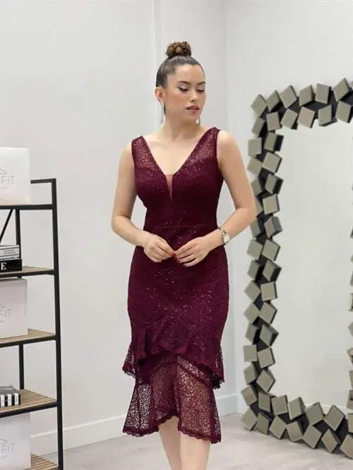 Payet Kumaş Örme Detaylı Volanlı Elbise - BORDO - 14