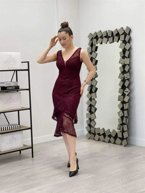 Payet Kumaş Örme Detaylı Volanlı Elbise - BORDO - 1