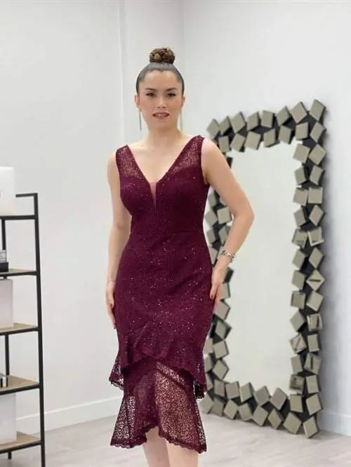 Payet Kumaş Örme Detaylı Volanlı Elbise - BORDO - 4